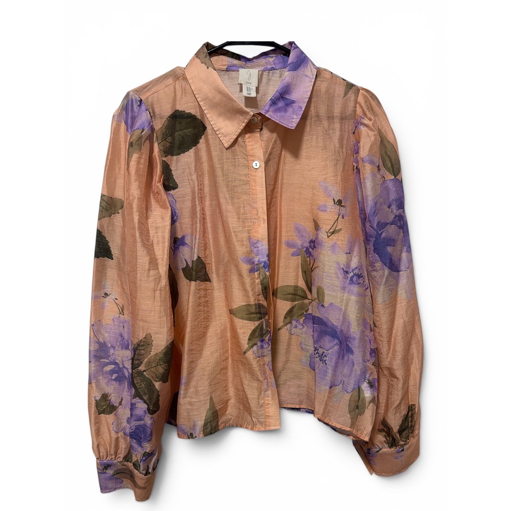 Joie Womens XL Peach Purple Floral Shimmer Button Down Blouse Long Sleeve Top
